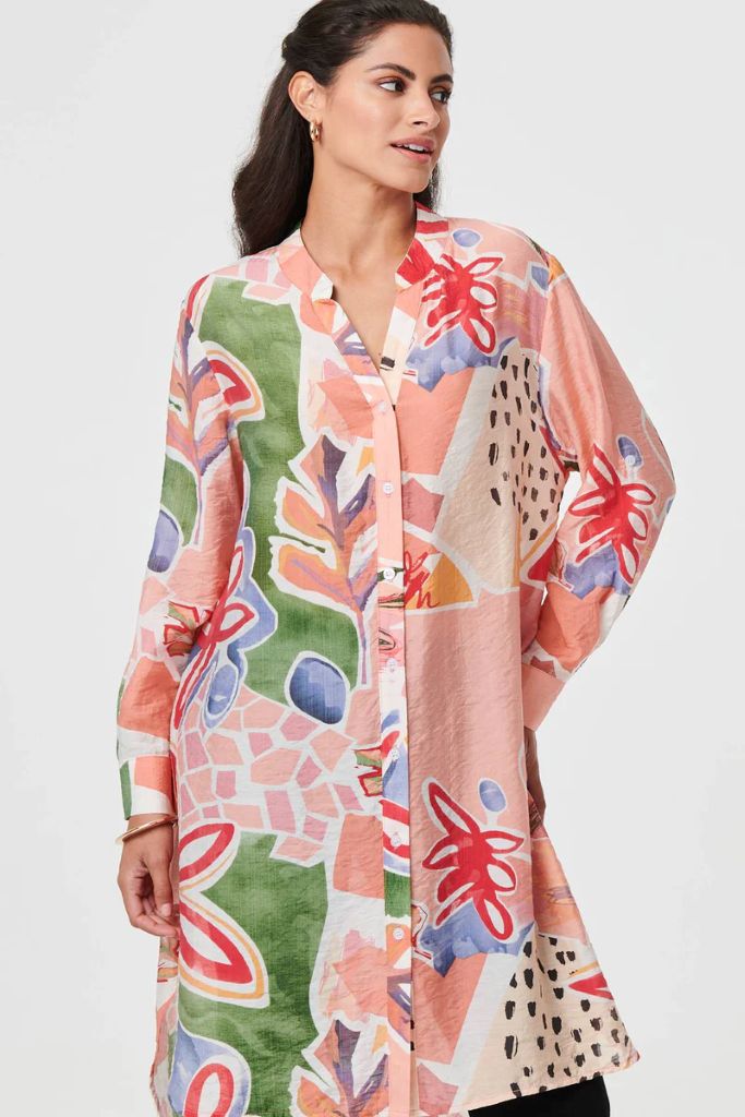Abstract Longline Relaxed Shirt Dress in Pink
