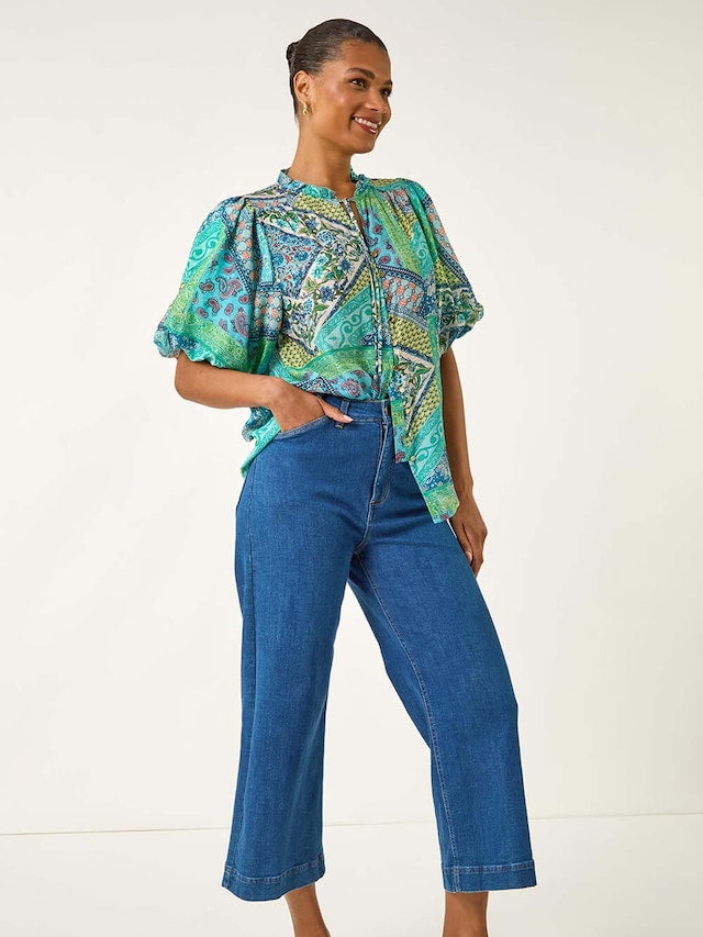 Patchwork Print Tie Front Blouse