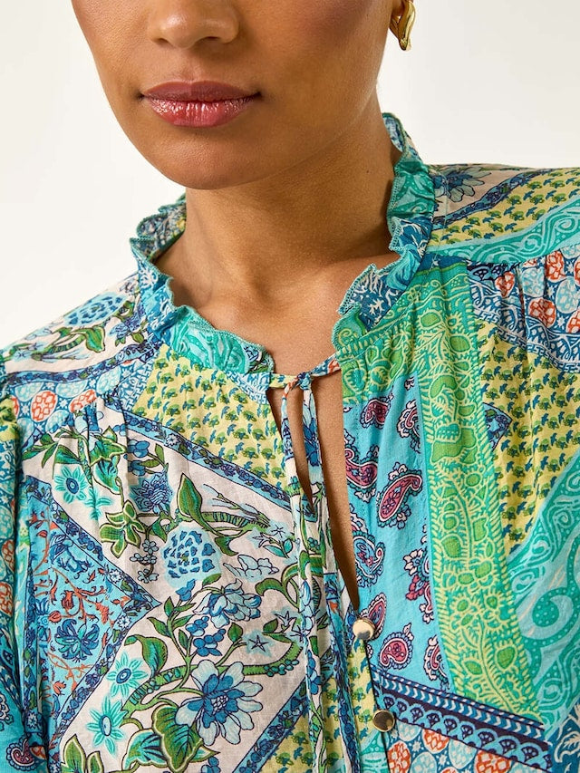 Patchwork Print Tie Front Blouse