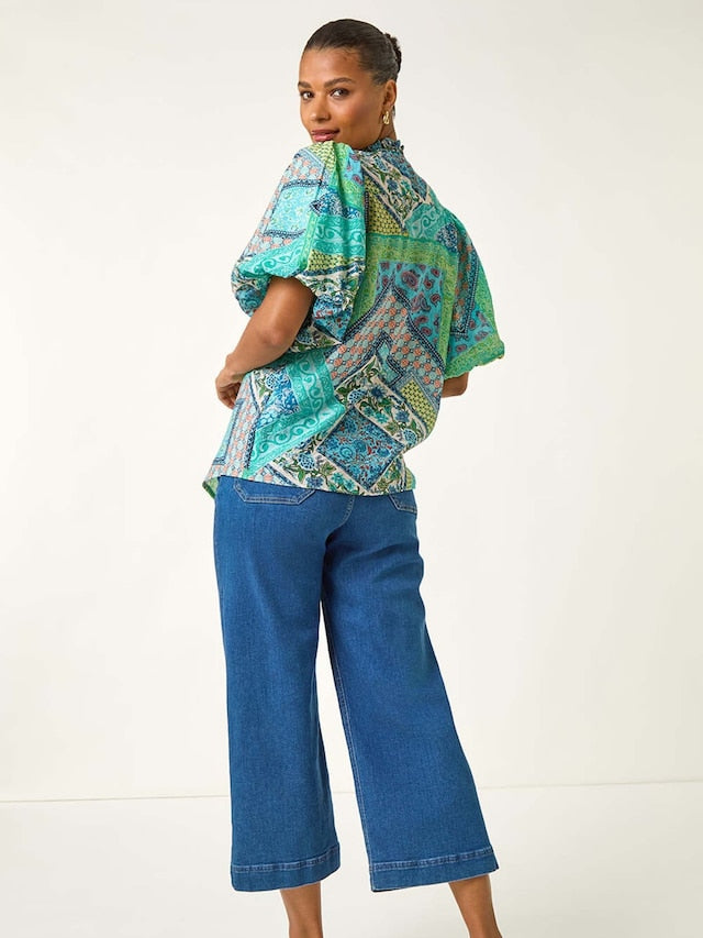 Patchwork Print Tie Front Blouse