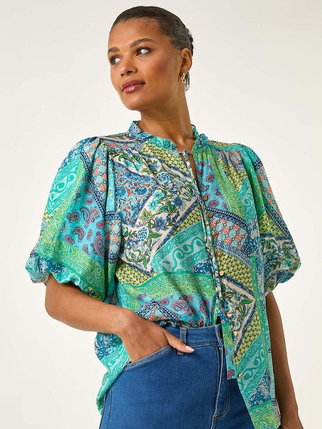 Patchwork Print Tie Front Blouse