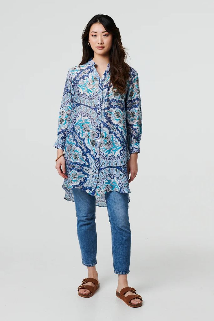 Paisley Long Sleeve Tunic Shirt in Blue