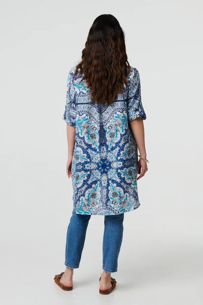 Paisley Long Sleeve Tunic Shirt in Blue