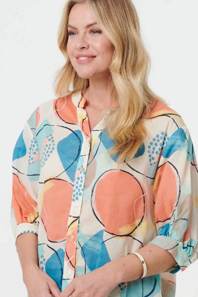 Printed 3/4 Sleeve Button-Back Blouse in Orange