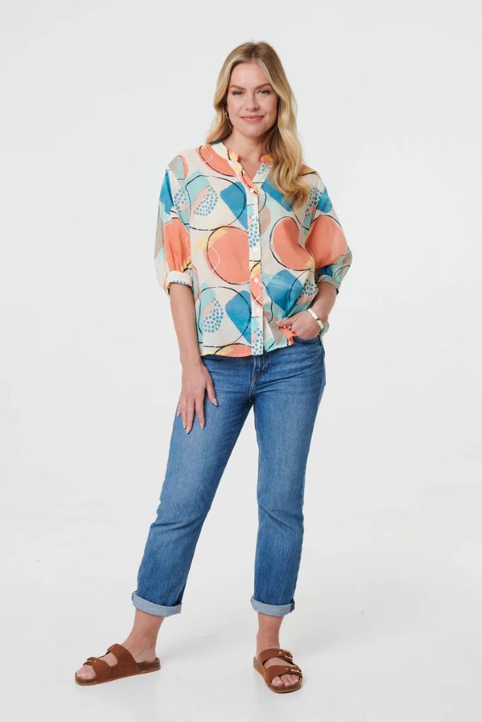 Printed 3/4 Sleeve Button-Back Blouse in Orange