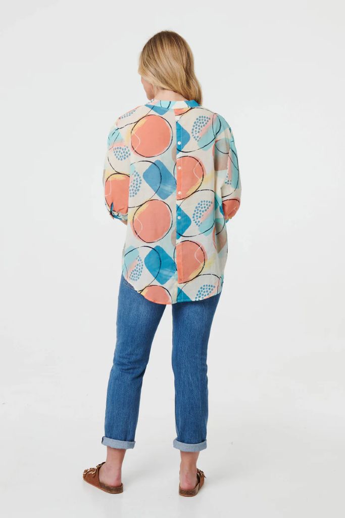 Printed 3/4 Sleeve Button-Back Blouse in Orange