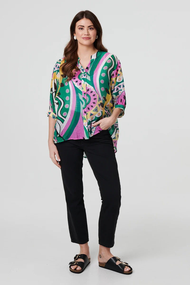 Abstract Print 3/4 Sleeve Relaxed Shirt in Green