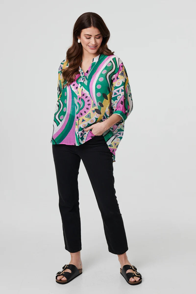 Abstract Print 3/4 Sleeve Relaxed Shirt in Green
