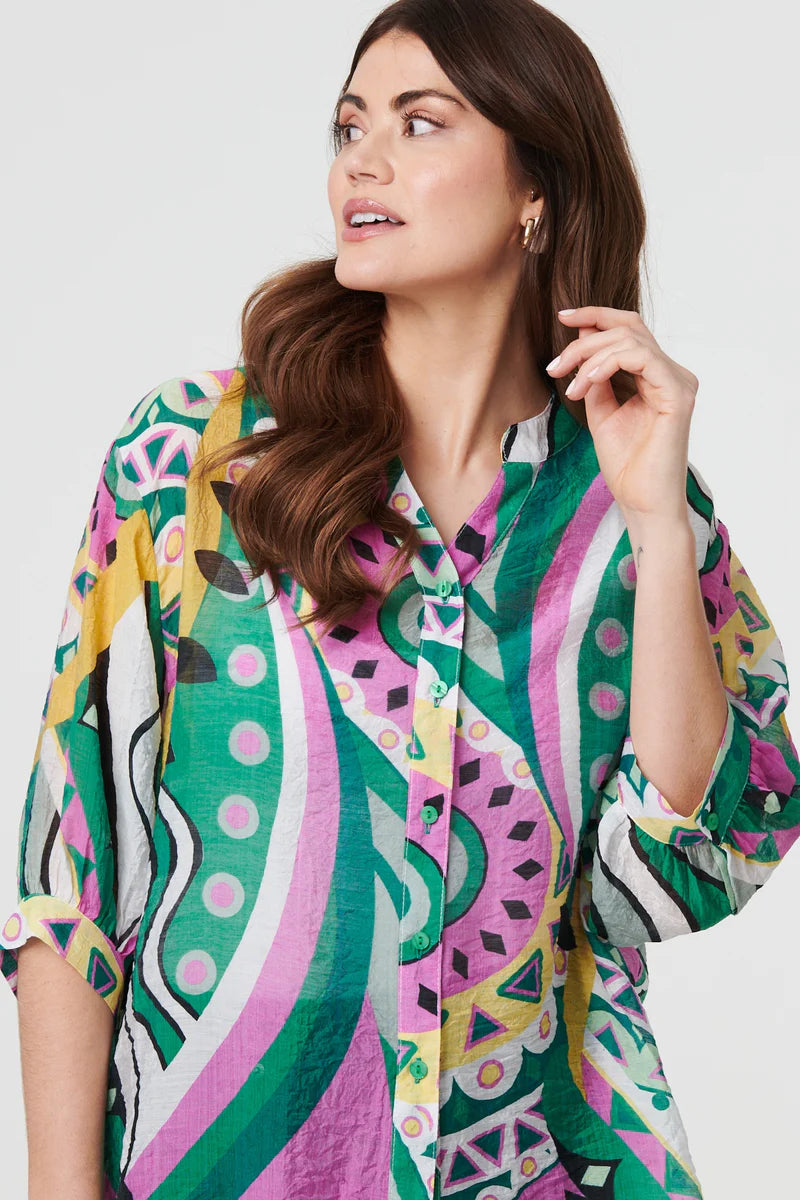 Abstract Print 3/4 Sleeve Relaxed Shirt in Green