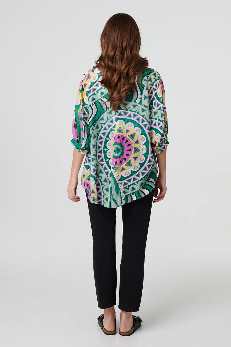 Abstract Print 3/4 Sleeve Relaxed Shirt in Green