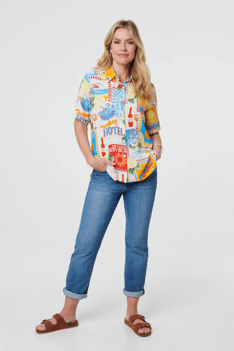 Printed Short Sleeve Curve Hem Shirt