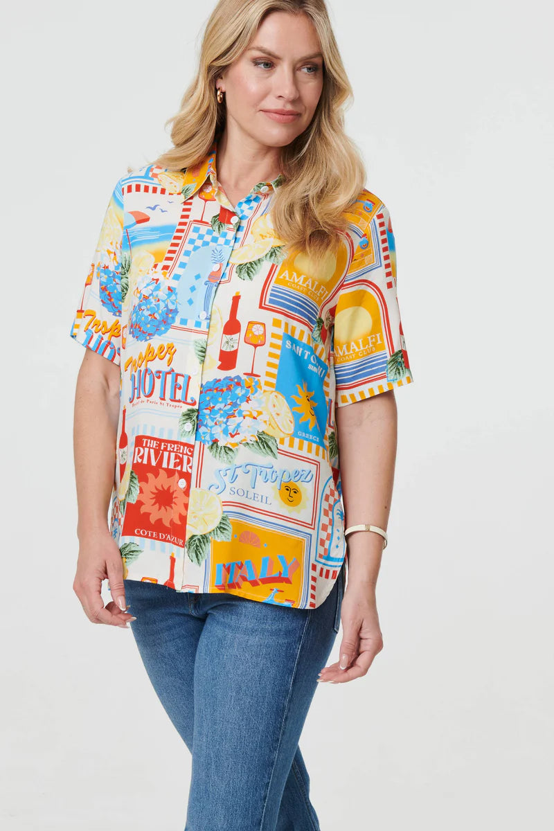 Printed Short Sleeve Curve Hem Shirt