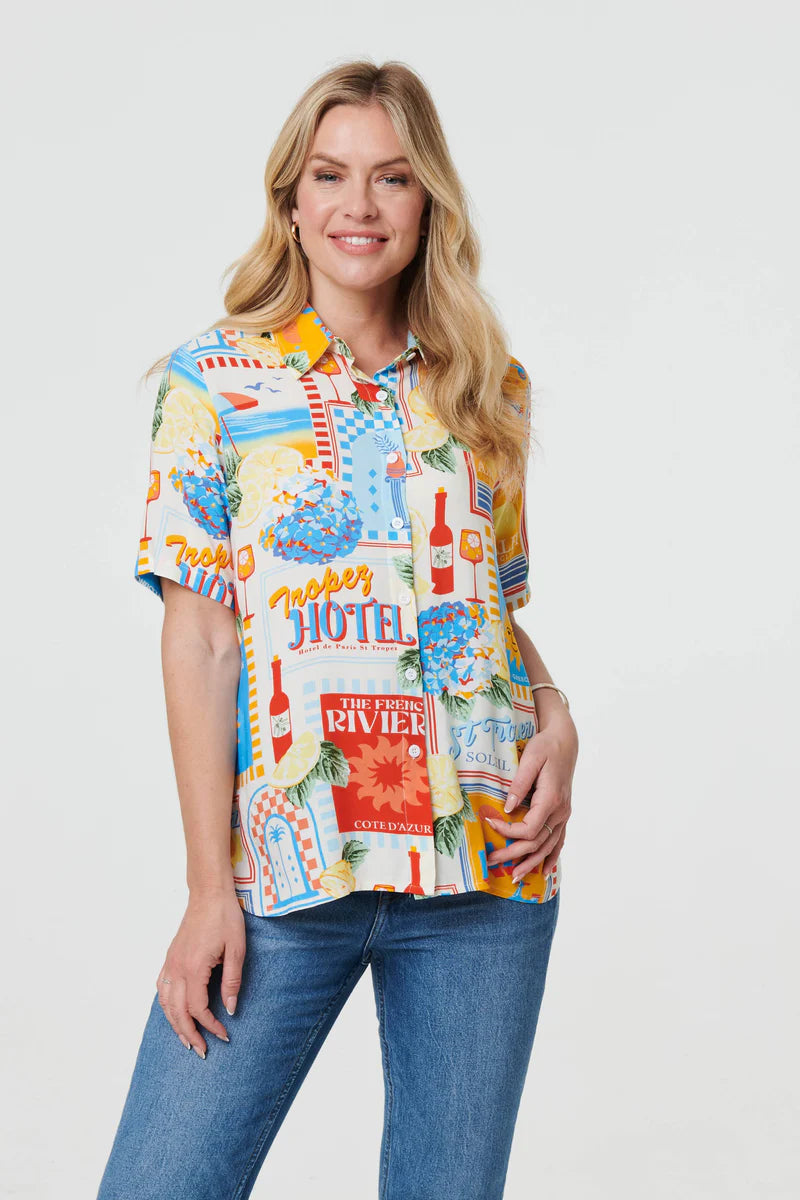 Printed Short Sleeve Curve Hem Shirt