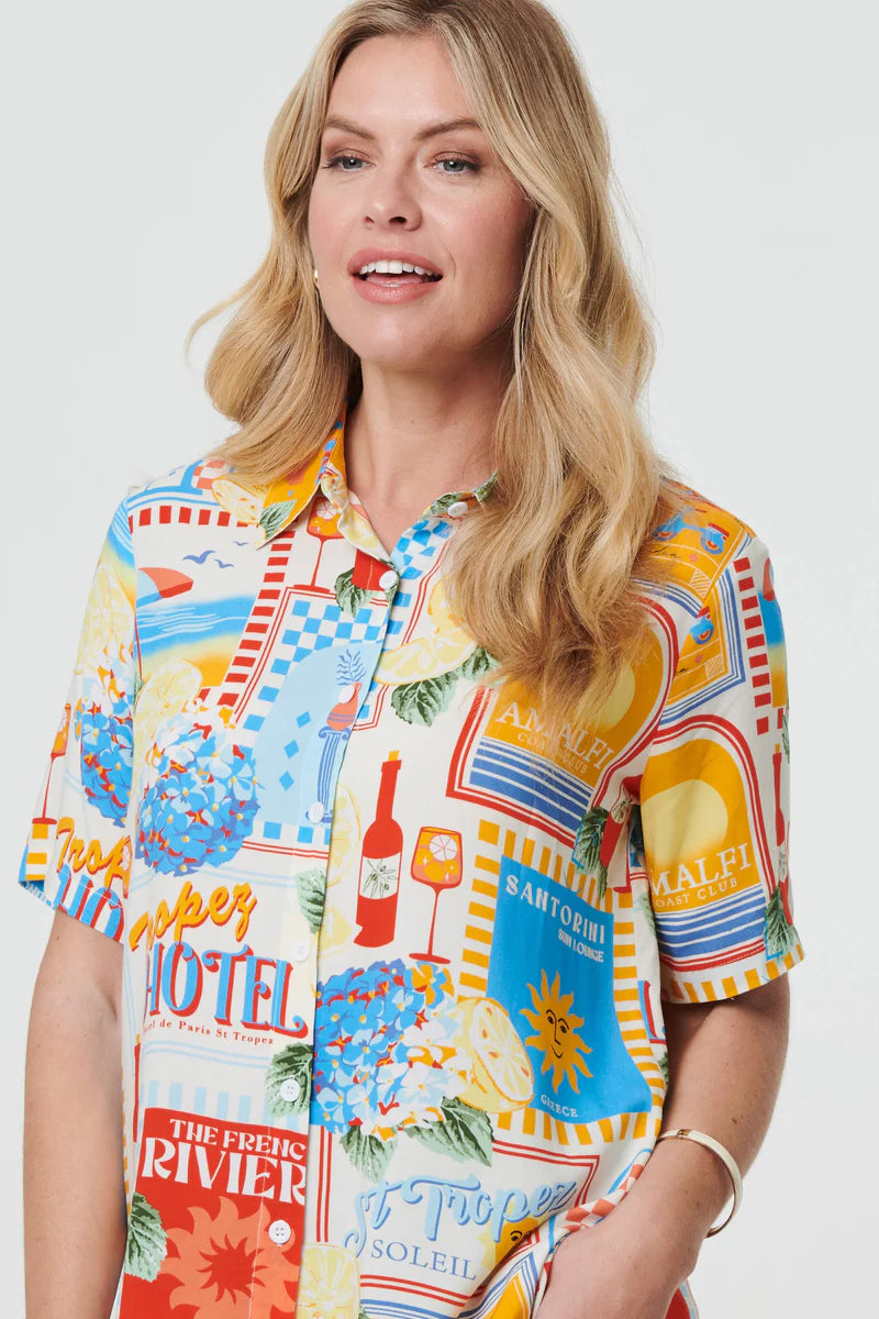 Printed Short Sleeve Curve Hem Shirt