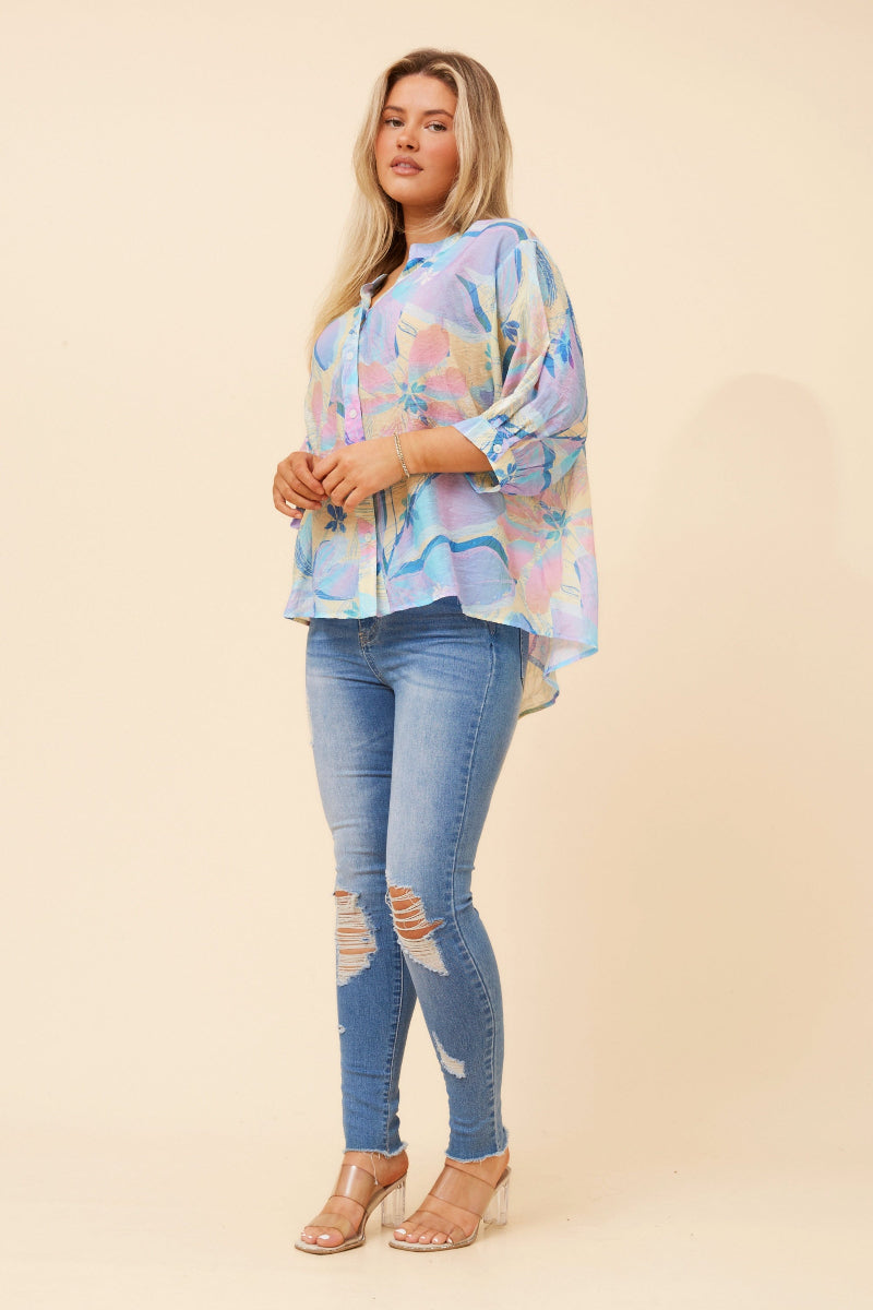 Back Button 3/4 Sleeve Blouse in Multi Blue