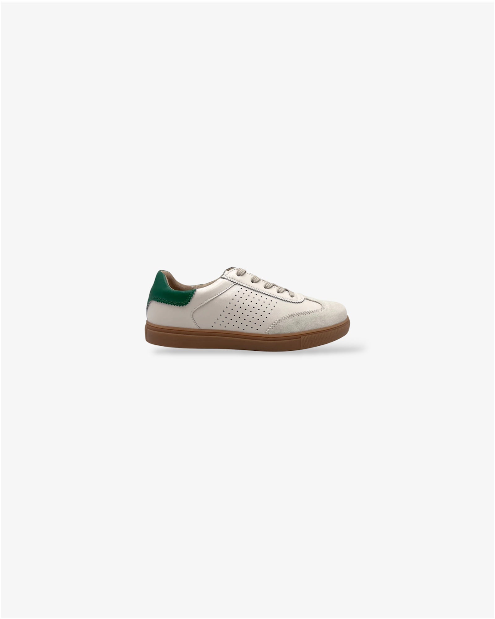 side view cream leather lace up sneaker shoe with green heel detail