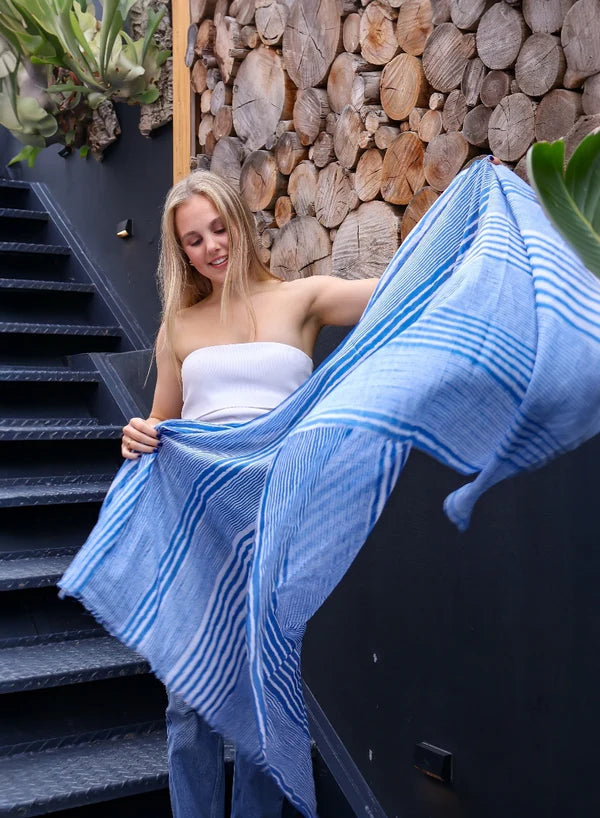 Capri Stripe Cotton Scarf in Azure