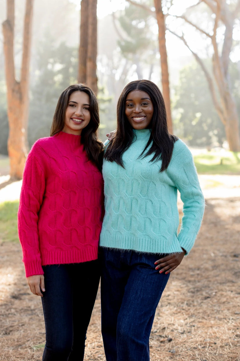 Trento Cable Knit Funnel Neck in Aqua