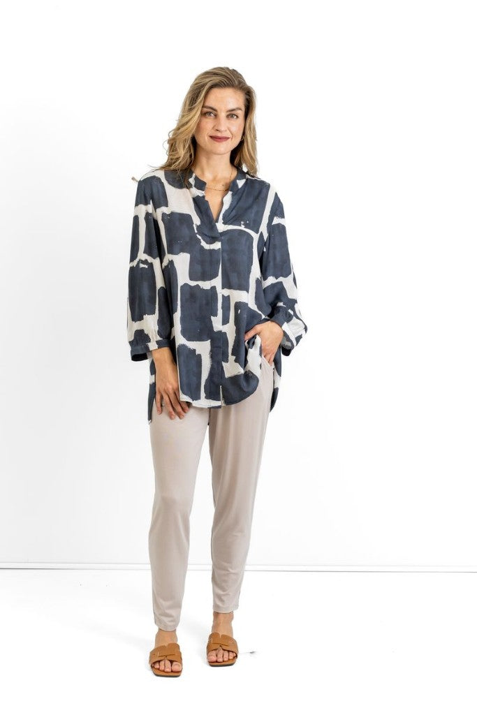 River Mandarin Loose Fit Shirt in Ink Impressions