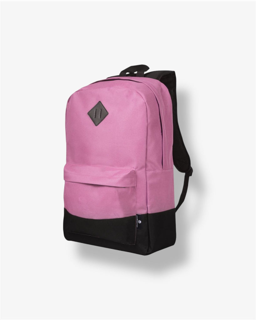 Pink backpack with black accents on a white background