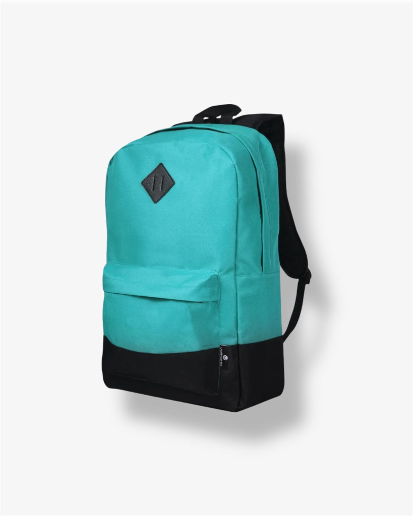 side view. Teal backpack with black accents on a white background