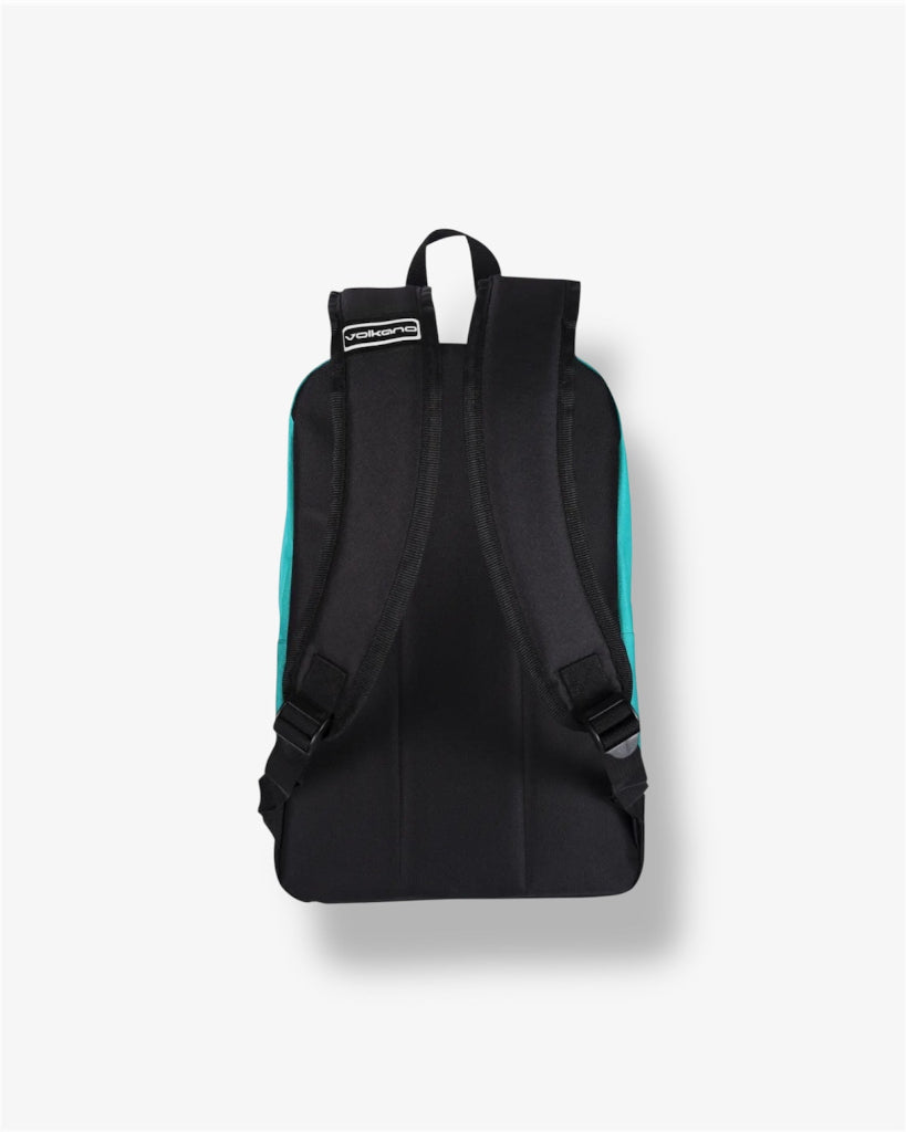 back of backpack with a visible brand logo on a white background