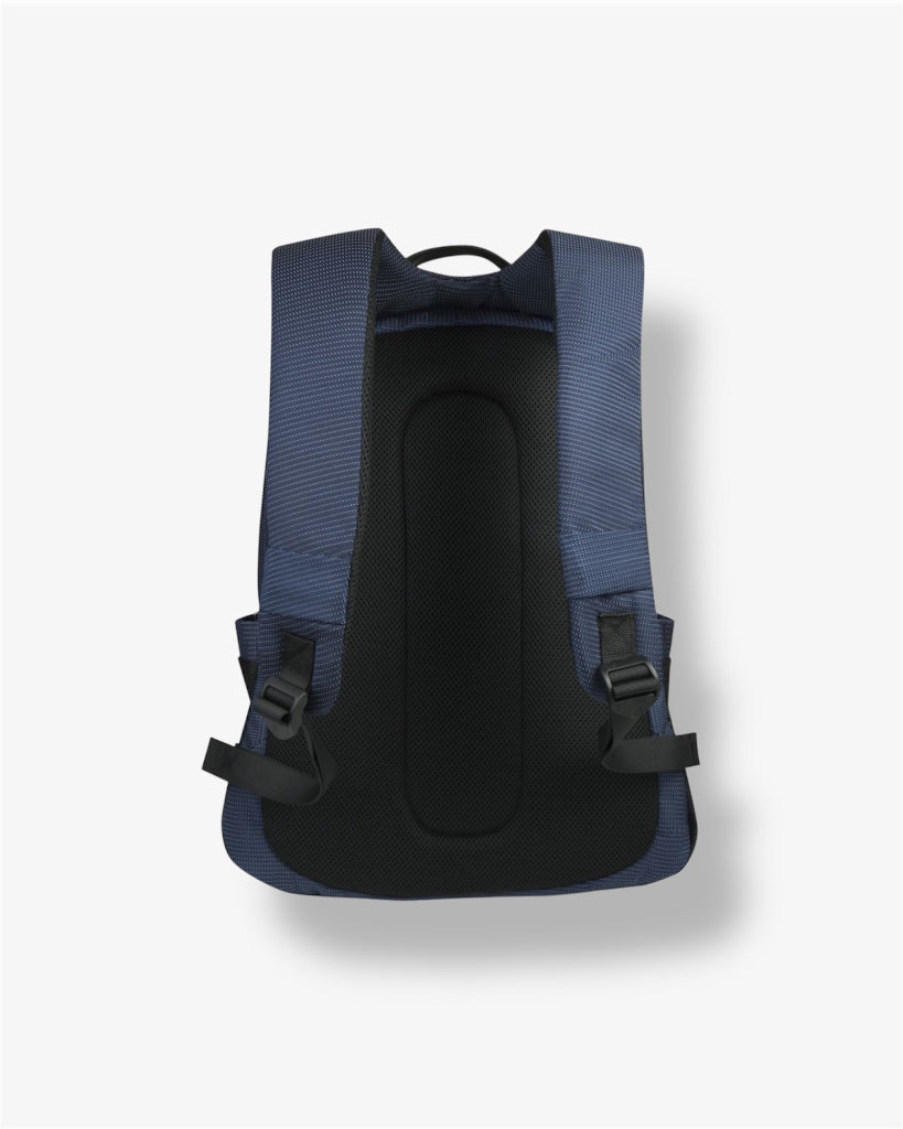back of blue backpack with blue straps on a white background
