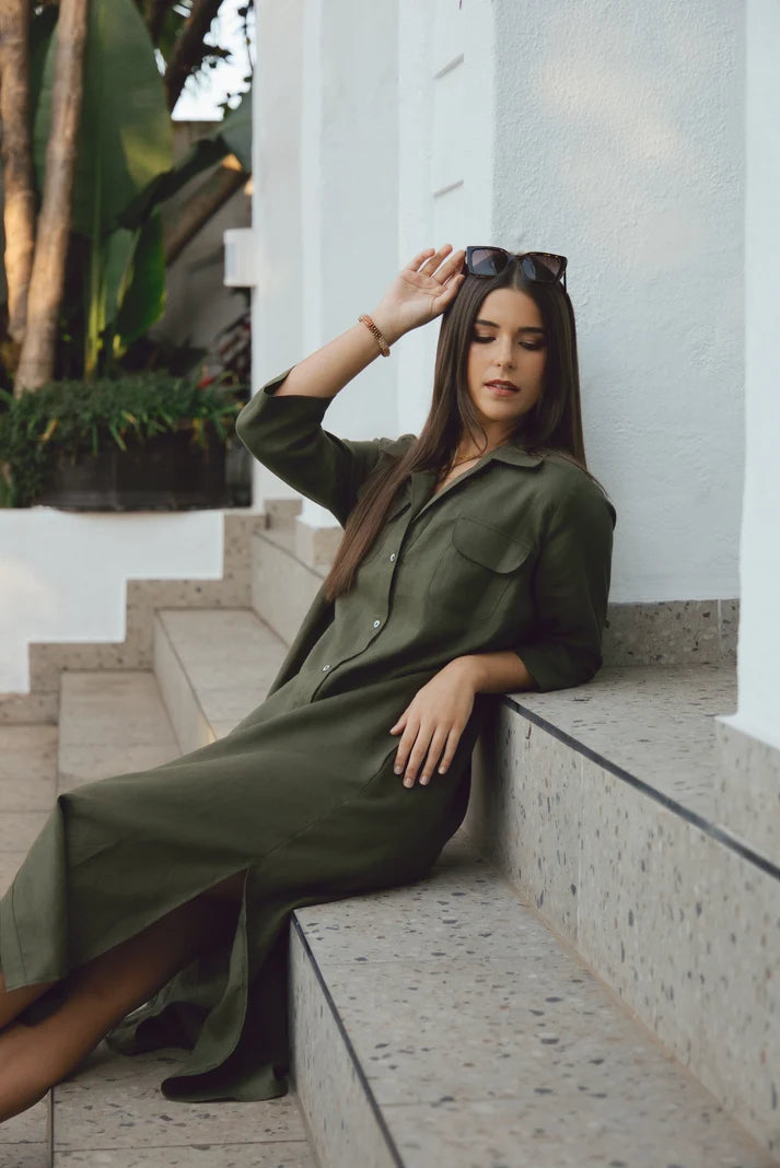 Horizon Dress in Olive Linen