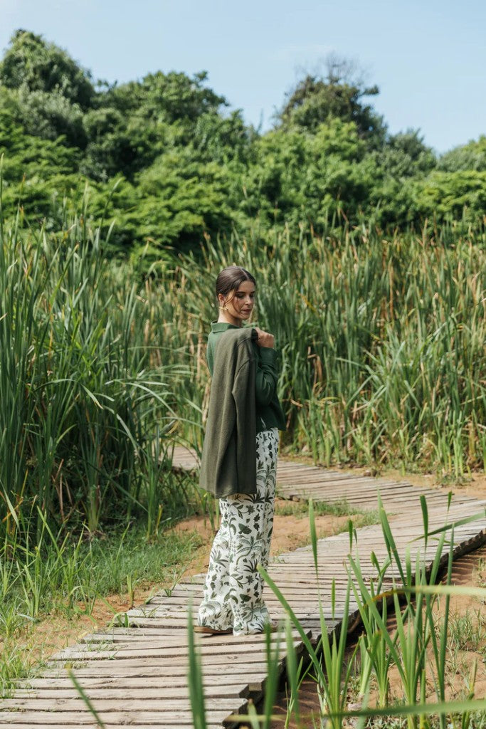 Roll Collar Knit Jacket in Olive