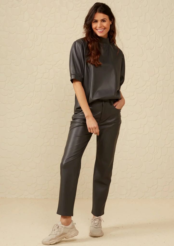 Straight Leg Faux Leather Trousers in Grey
