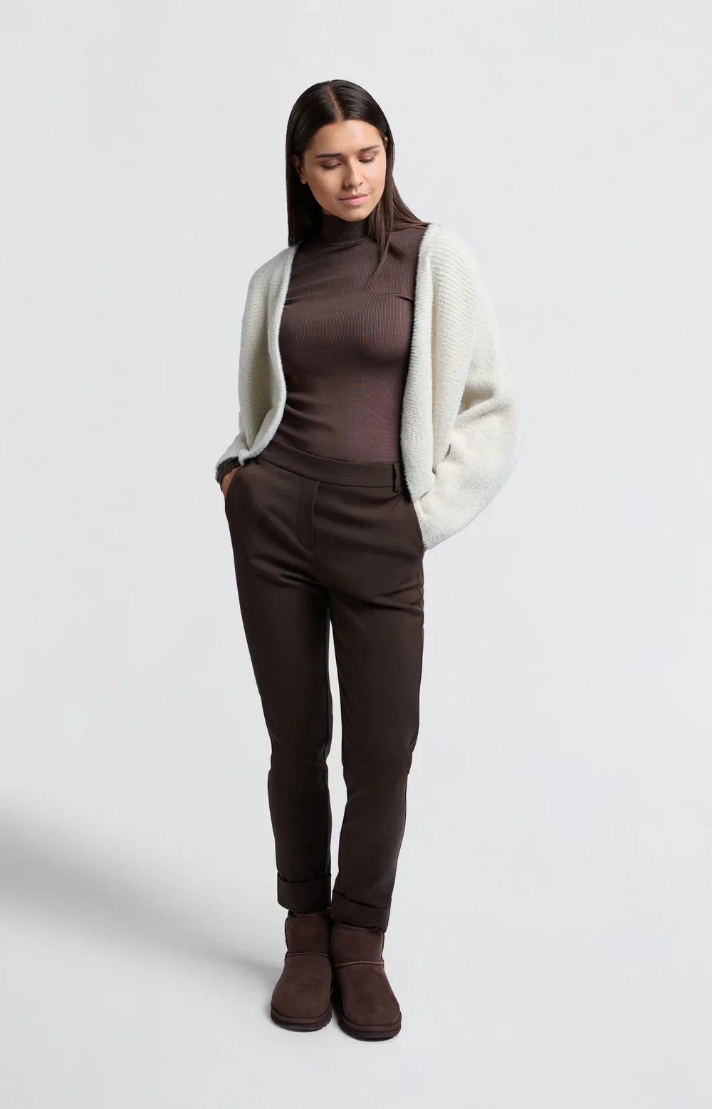 Straight Leg Trousers with Turn Up in Chocolate Brown