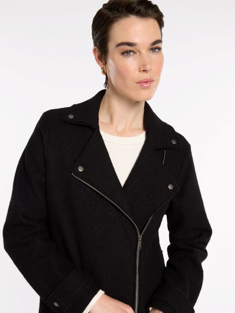Boiled Wool Moto Coat in Black