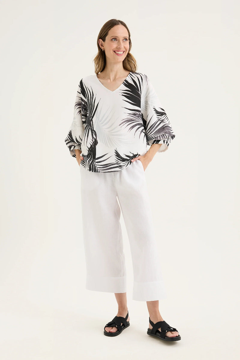 Front Print Linen Blend Top