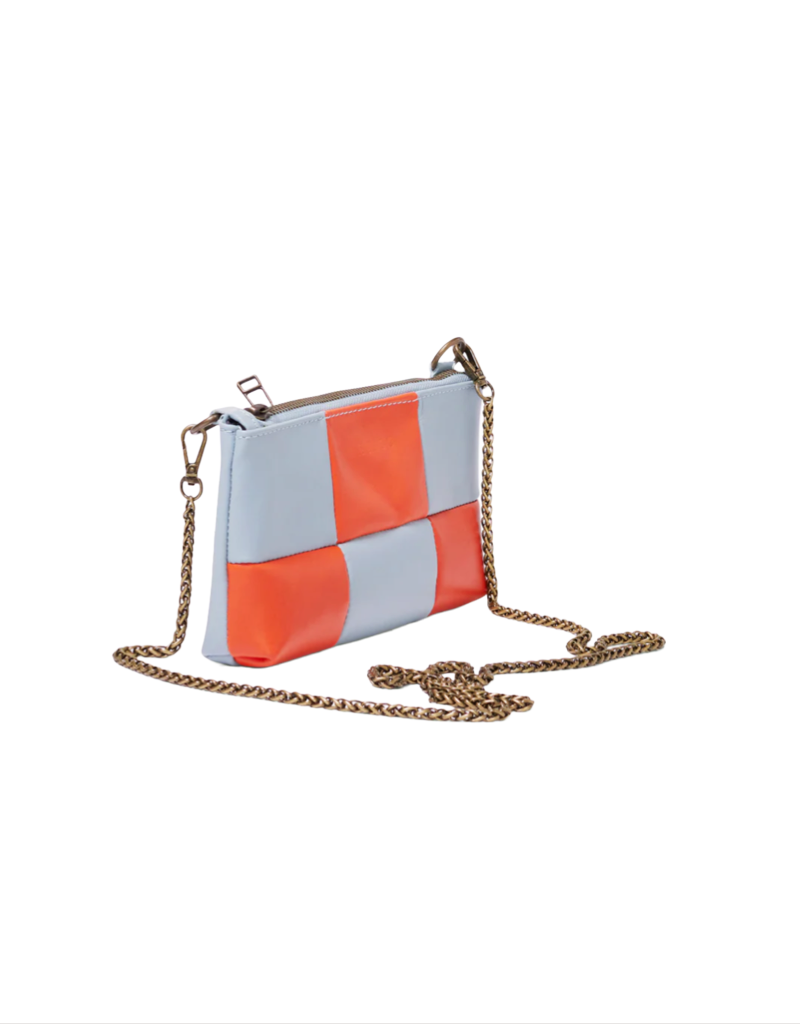 Anouk Checkered Leather Crossbody Clutch in Aqua Sky/Orange Spritz
