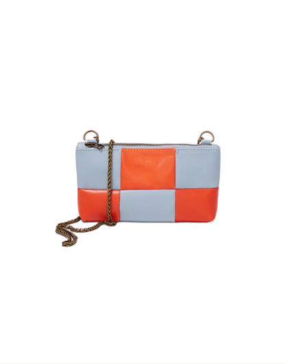 Anouk Checkered Leather Crossbody Clutch  - Aqua Sky / Orange Spritz