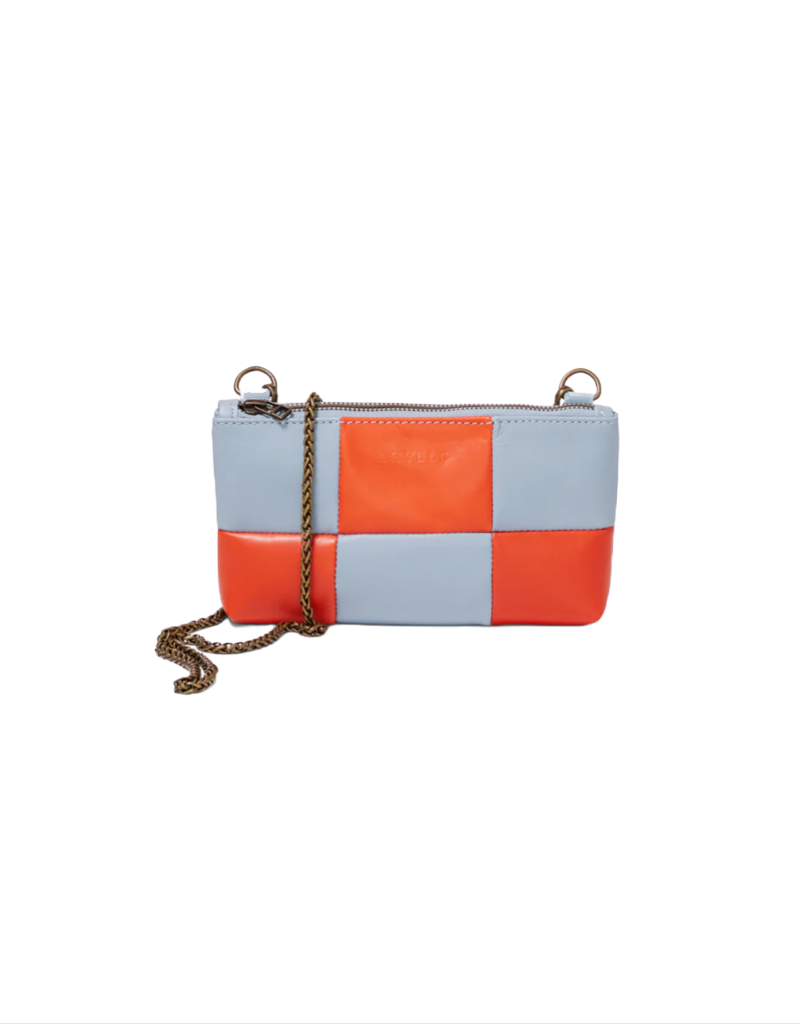 Anouk Checkered Leather Crossbody Clutch in Aqua Sky/Orange Spritz