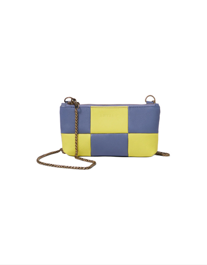 Anouk Checkered Leather Crossbody Clutch  - Orion Blue / Pebble Chartreuse