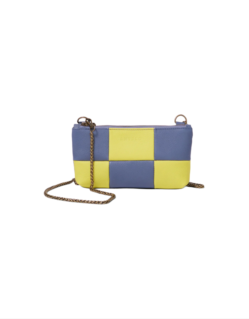 Anouk Checkered Leather Crossbody Clutch in Orion Blue/Pebble Chartreuse