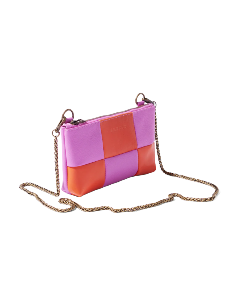 Anouk Checkered Leather Crossbody Clutch in Purple Pebble/Koi Orange