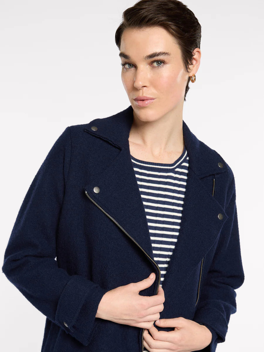Boiled Wool Moto Coat in Navy