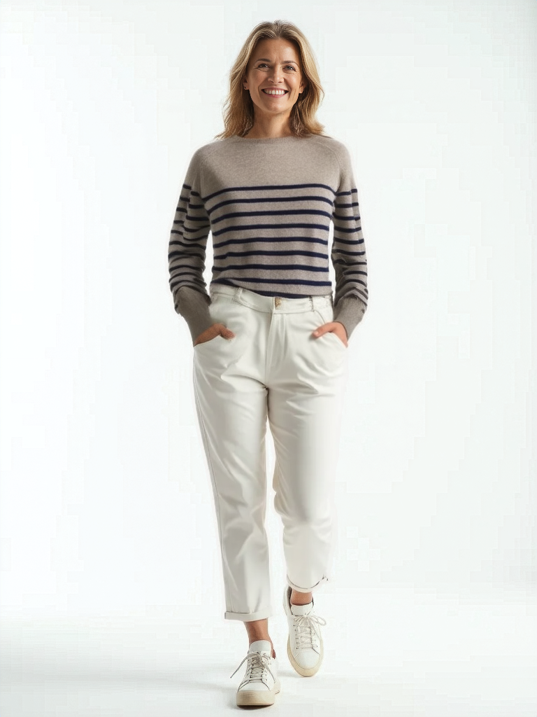 Pure Cashmere Striped Raglan Sleeve Sweater in Toast