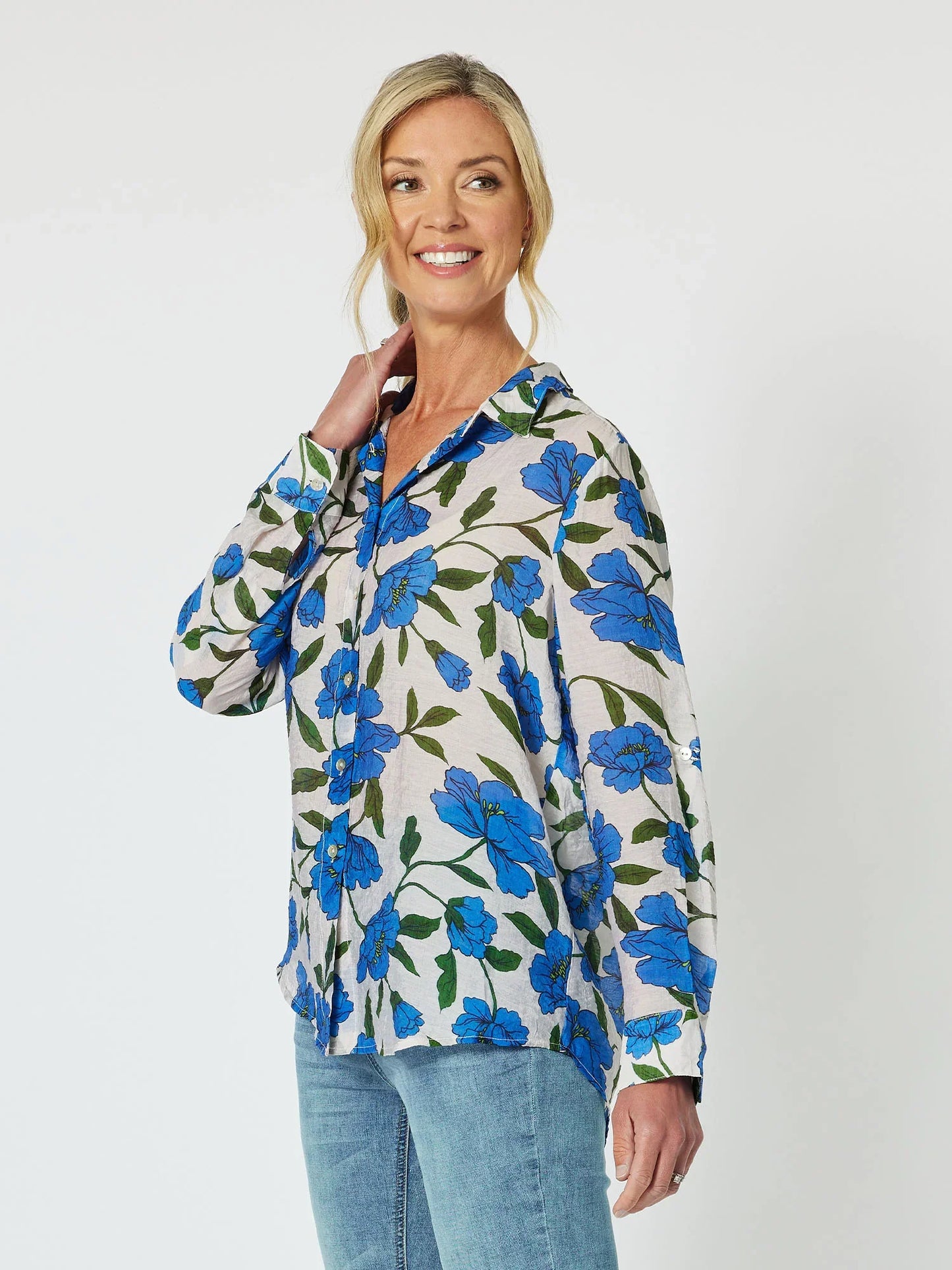 Eden Floral Print Linen Shirt in Cobalt