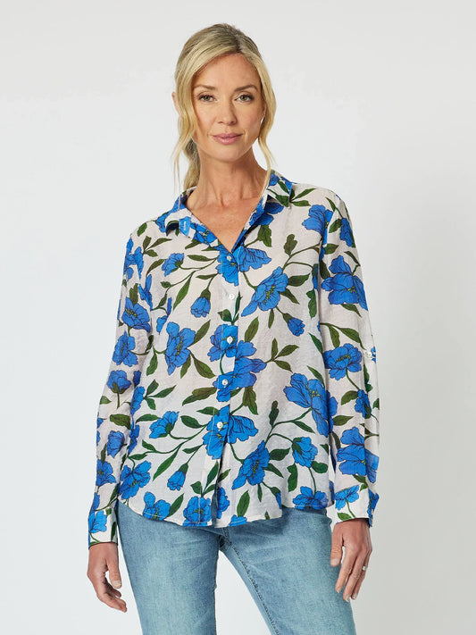 Eden Floral Print Linen Shirt in Cobalt