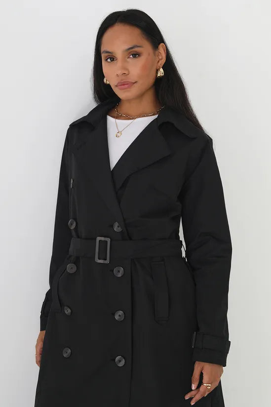 Double-Breasted Longline Trench Coat in Black