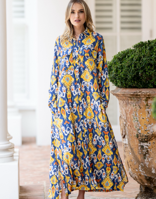 Button Down Dress in Blue/Yellow Print
