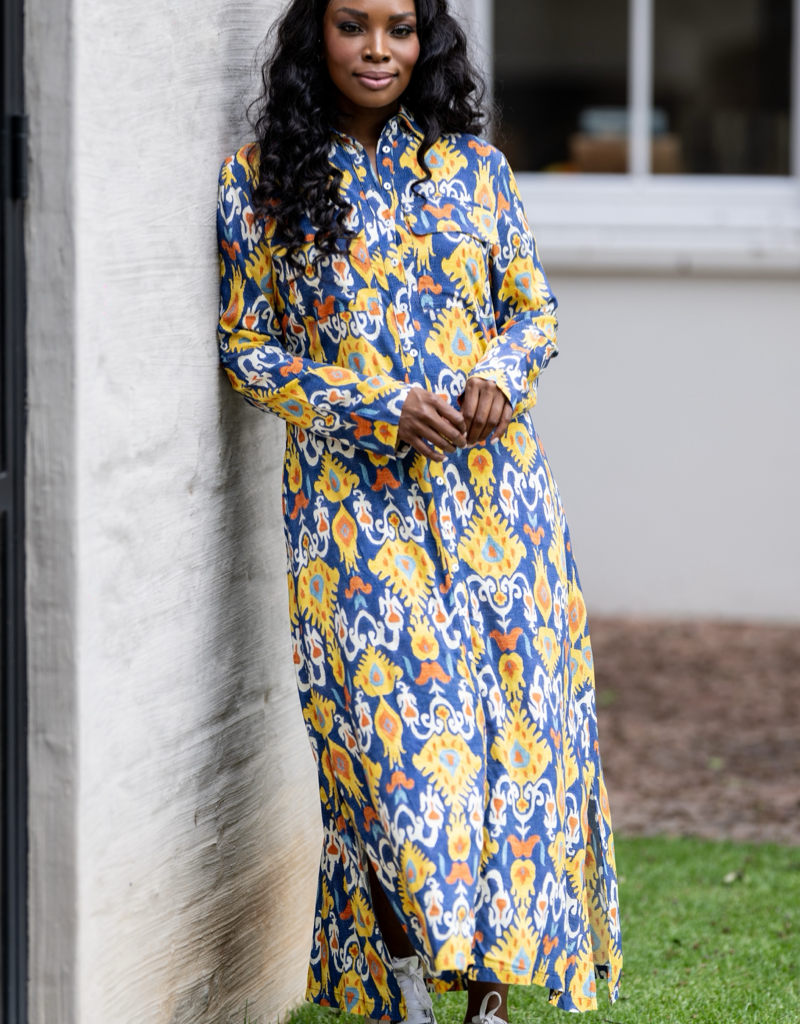 Button Down Dress in Blue/Yellow Print