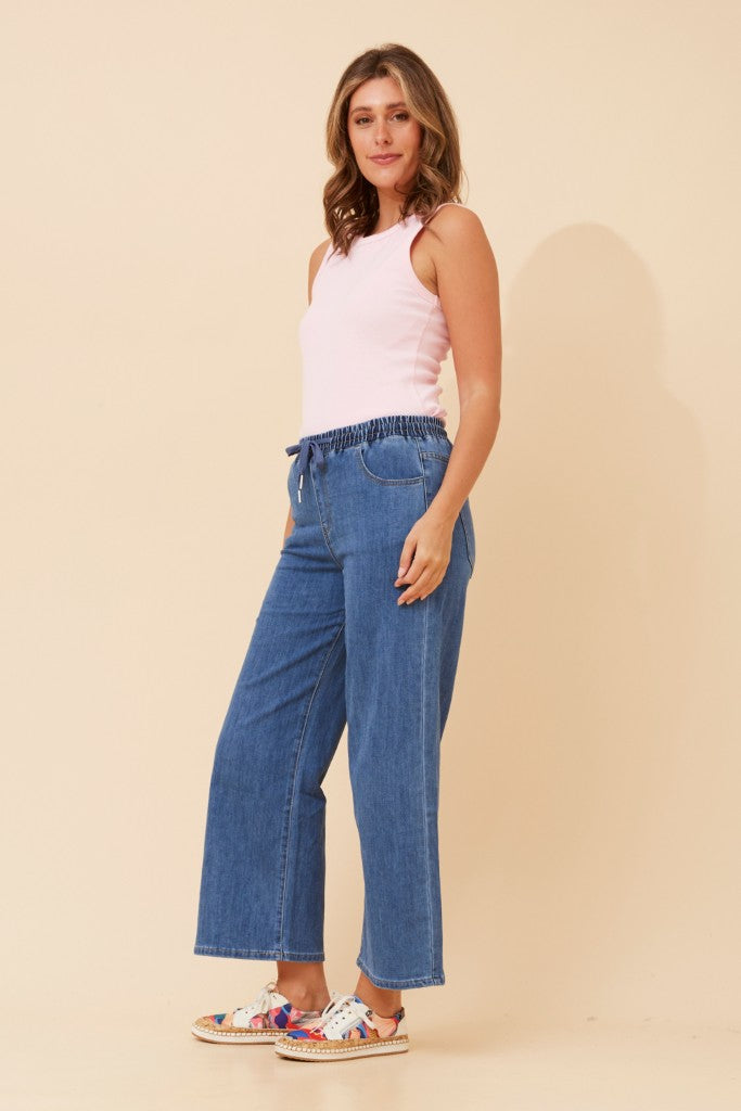 High Waist Drawcord Denim Joggers in Mid Wash