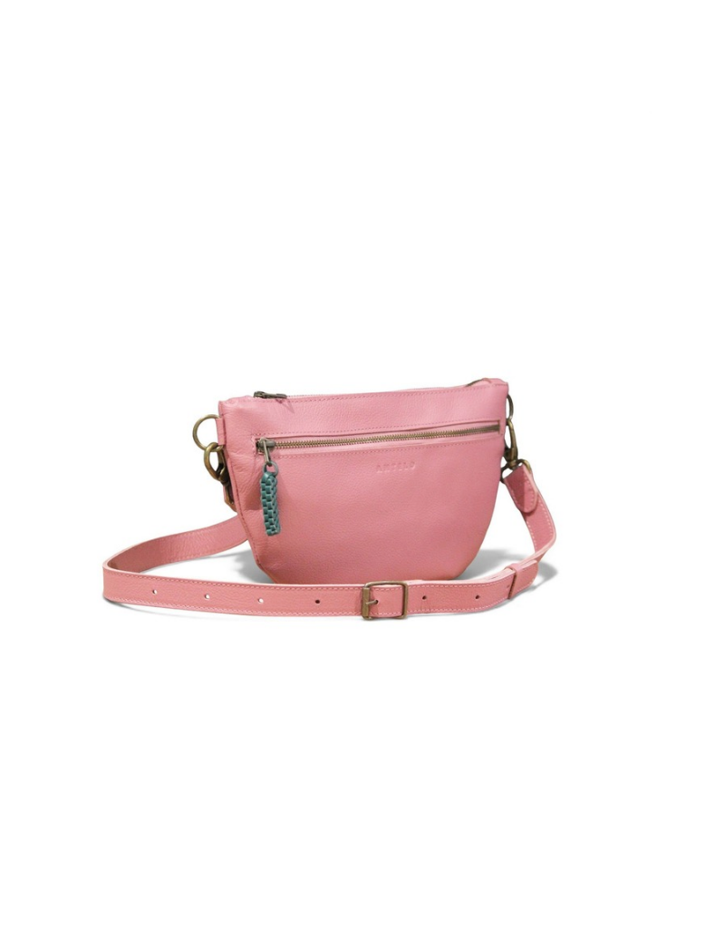 Ayla Half Moon Leather Crossbody in Sunset Pink / Storm Green