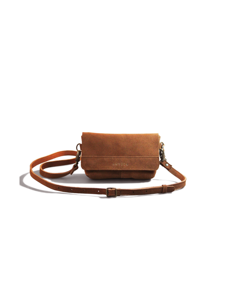 Alfi Micro Leather Crossbody in Cognac Suede