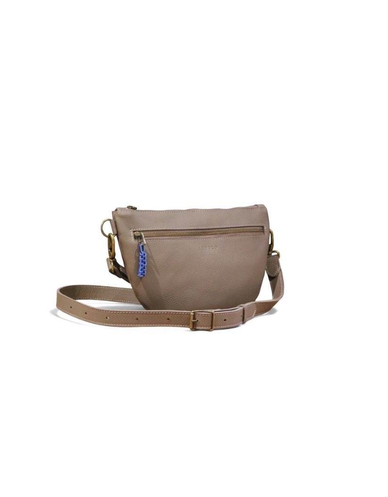 Ayla Half Moon Leather Crossbody in Dark Taupe / Cobalt Blue